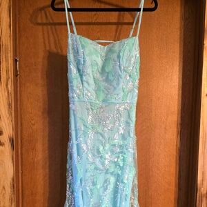 Teal/blue prom dress open back